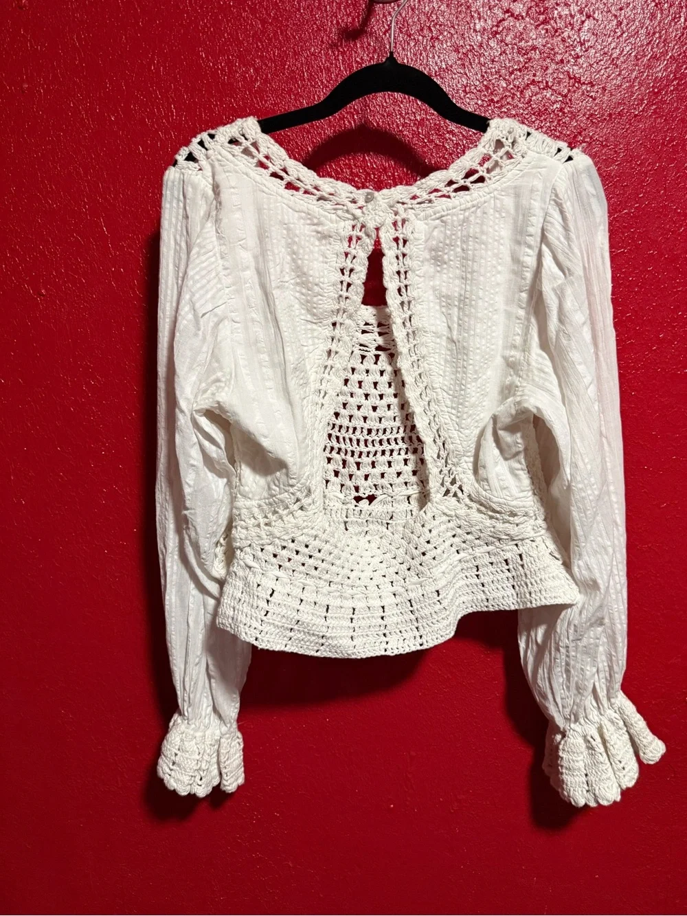 159. Preloved Free People White Crochet-Back Peplum Blouse